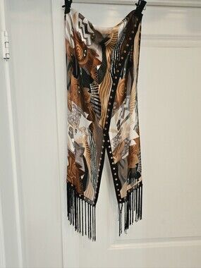 Laurel Burch SILK Abstract Floral Fringe Scarf in Black, Brown, Gold